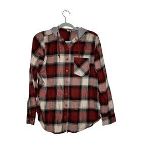 Mudd Red Plaid Hooded Button Front Flannel Top Size Medium